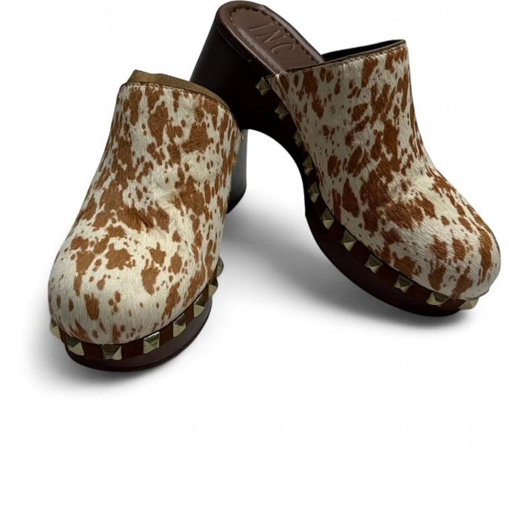 INC Vintage Cow Print Studded Clog Heel (real calf fur) size 6 1/2 brown + cream - Picture 2 of 8